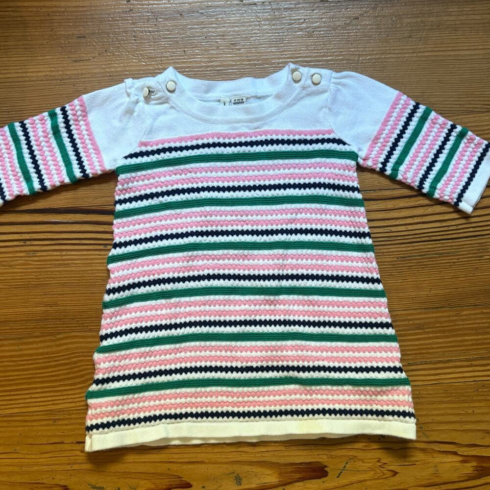 Janie‎ and Jack white pink green striped quarter sleeve baby dress SIZE 12-18